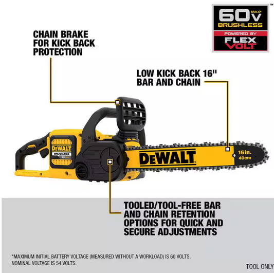 DEWALT FLEXVOLT 60V MAX 16in. Brushless Cordless Battery Powered Chainsaw Kit with (1) FLEXVOLT 2 Ah Battery & Charger