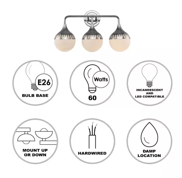 Monteaux Lighting 3-Light Chrome Bathroom Vanity Light Fixture with Opal Glass Shades