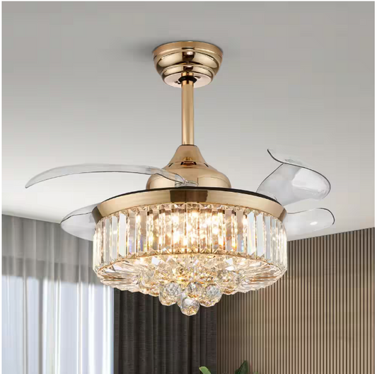 ANTOINE 36 in. Integrated LED Indoor Gold Crystal Chandelier Retractable Blades Ceiling Fan with Light and Remote