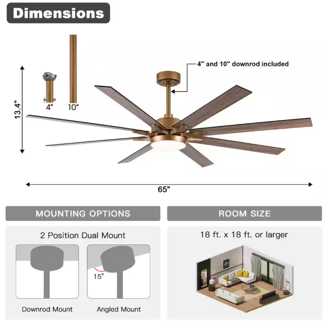 matrix decor 65 in. LED Indoor Gold DC Motor Ceiling Fan with Light and Remote Control, Reversible Blades