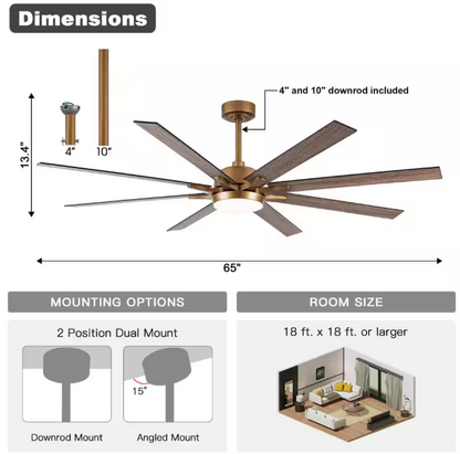 matrix decor 65 in. LED Indoor Gold DC Motor Ceiling Fan with Light and Remote Control, Reversible Blades
