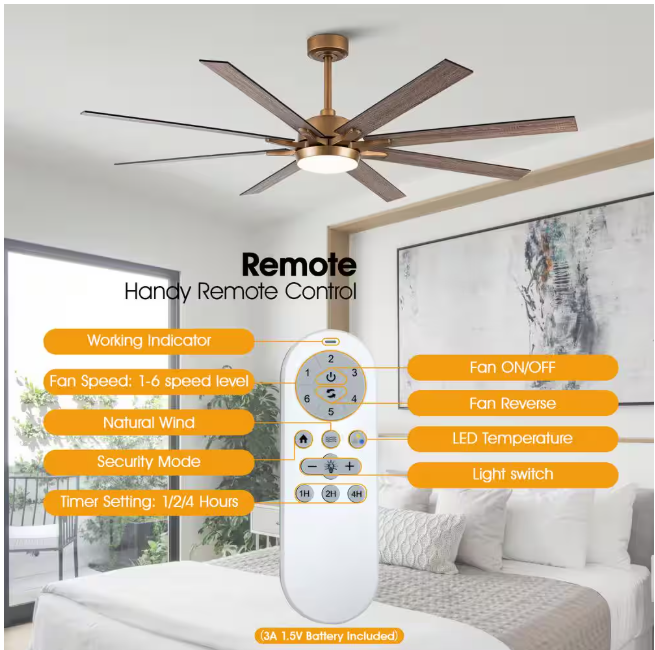 matrix decor 65 in. LED Indoor Gold DC Motor Ceiling Fan with Light and Remote Control, Reversible Blades