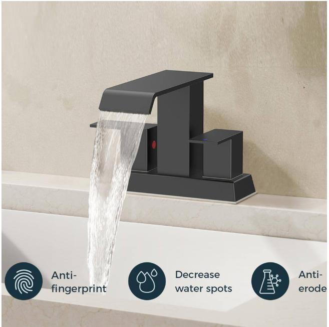 FURUISI 4 in. Centerset Double Handle Low Arc Bathroom Faucet with Pop-up Drain Kit Included in Matte Black