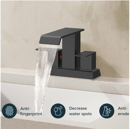 FURUISI 4 in. Centerset Double Handle Low Arc Bathroom Faucet with Pop-up Drain Kit Included in Matte Black