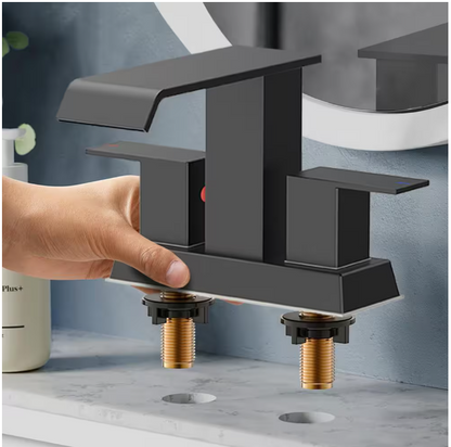 FURUISI 4 in. Centerset Double Handle Low Arc Bathroom Faucet with Pop-up Drain Kit Included in Matte Black