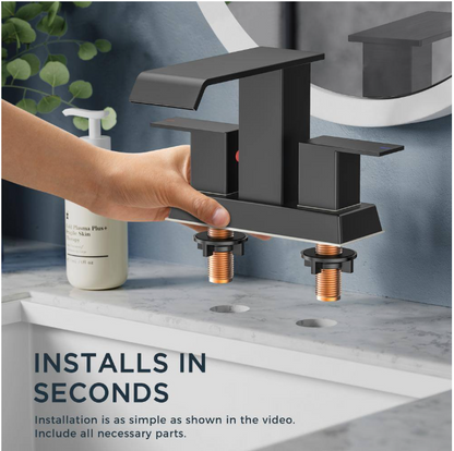 FURUISI 4 in. Centerset Double Handle Low Arc Bathroom Faucet with Pop-up Drain Kit Included in Matte Black