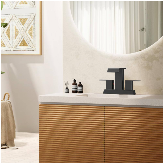 FURUISI 4 in. Centerset Double Handle Low Arc Bathroom Faucet with Pop-up Drain Kit Included in Matte Black