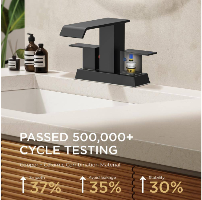 FURUISI 4 in. Centerset Double Handle Low Arc Bathroom Faucet with Pop-up Drain Kit Included in Matte Black