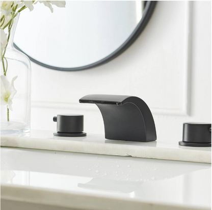BWE 8 in. Widespread Waterfall Double Handle Three Holes Bathroom Faucet With Led Light in Matte Black