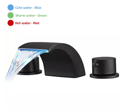 BWE 8 in. Widespread Waterfall Double Handle Three Holes Bathroom Faucet With Led Light in Matte Black