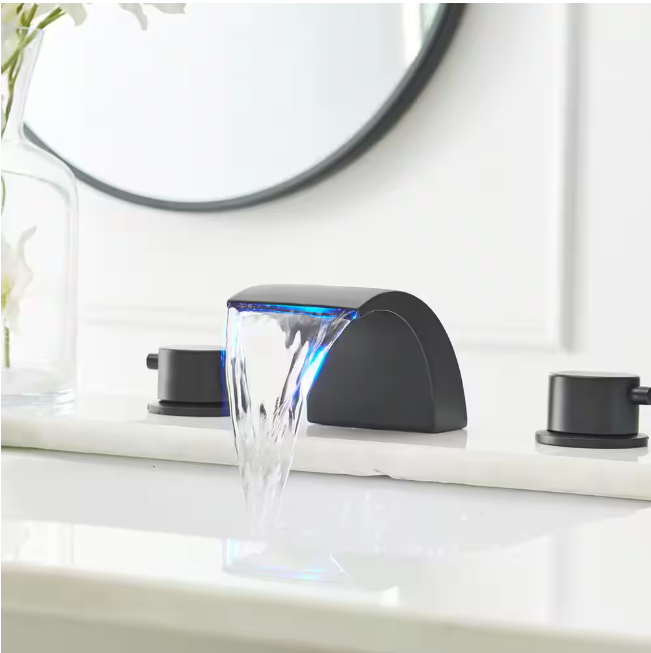 BWE 8 in. Widespread Waterfall Double Handle Three Holes Bathroom Faucet With Led Light in Matte Black