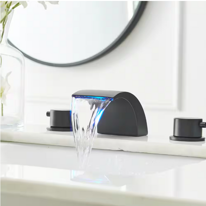 BWE 8 in. Widespread Waterfall Double Handle Three Holes Bathroom Faucet With Led Light in Matte Black