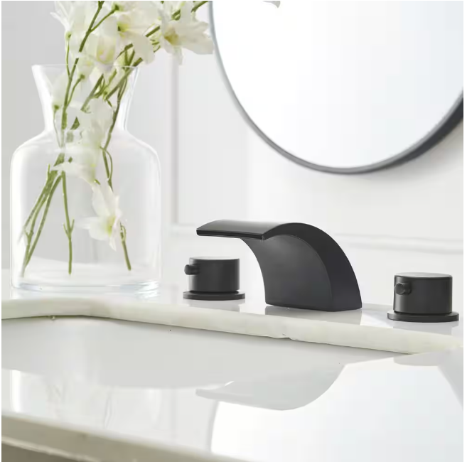 BWE 8 in. Widespread Waterfall Double Handle Three Holes Bathroom Faucet With Led Light in Matte Black