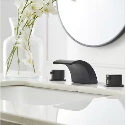 BWE 8 in. Widespread Waterfall Double Handle Three Holes Bathroom Faucet With Led Light in Matte Black