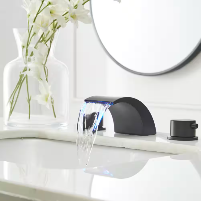 BWE 8 in. Widespread Waterfall Double Handle Three Holes Bathroom Faucet With Led Light in Matte Black