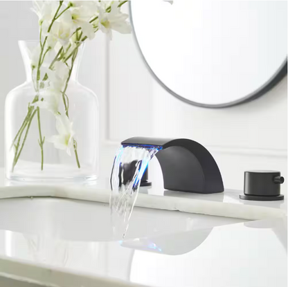 BWE 8 in. Widespread Waterfall Double Handle Three Holes Bathroom Faucet With Led Light in Matte Black