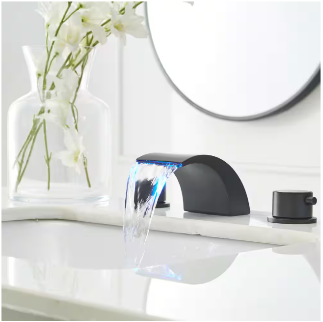 BWE 8 in. Widespread Waterfall Double Handle Three Holes Bathroom Faucet With Led Light in Matte Black