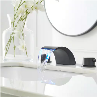 BWE 8 in. Widespread Waterfall Double Handle Three Holes Bathroom Faucet With Led Light in Matte Black