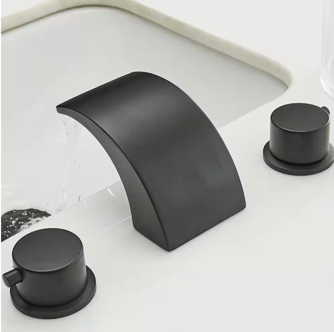 BWE 8 in. Widespread Waterfall Double Handle Three Holes Bathroom Faucet With Led Light in Matte Black