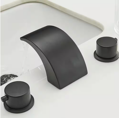 BWE 8 in. Widespread Waterfall Double Handle Three Holes Bathroom Faucet With Led Light in Matte Black