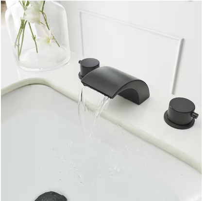 BWE 8 in. Widespread Waterfall Double Handle Three Holes Bathroom Faucet With Led Light in Matte Black