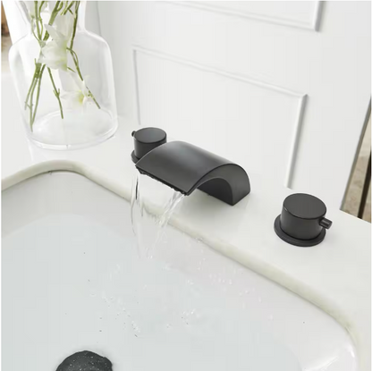 BWE 8 in. Widespread Waterfall Double Handle Three Holes Bathroom Faucet With Led Light in Matte Black