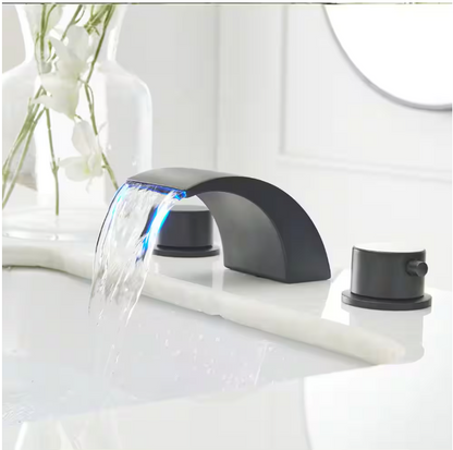 BWE 8 in. Widespread Waterfall Double Handle Three Holes Bathroom Faucet With Led Light in Matte Black