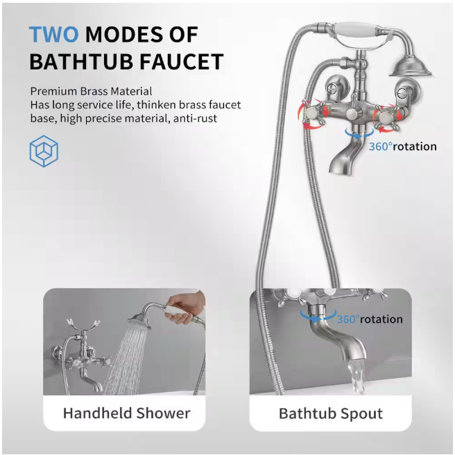 BWE 3-Handle Claw Foot Tub Faucet with Telephone Shaped Hand Shower Old Style Spigot and Hand Shower in Brushed Nickel