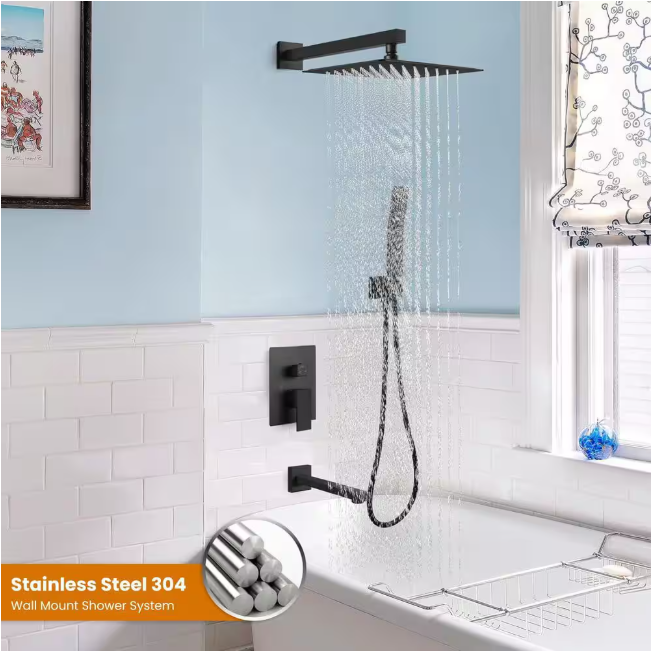 ELLO&ALLO 2-Handle 2-Spray Handheld Tub and Shower Faucet with 8 in. Shower Head Combo in Matte Black (Valve Included)
