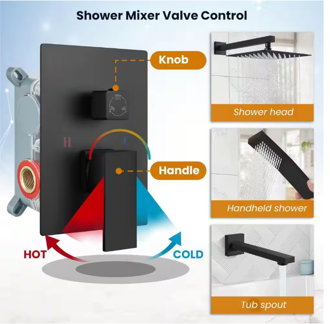 ELLO&ALLO 2-Handle 2-Spray Handheld Tub and Shower Faucet with 8 in. Shower Head Combo in Matte Black (Valve Included)