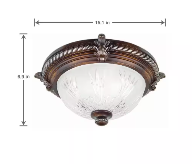 Hampton Bay Bercello Estates 15 in. Traditional 2-Light Volterra Bronze Dimmable Flush Mount Ceiling Light with Etched Glass Shade