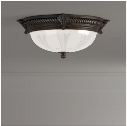 Hampton Bay Bercello Estates 15 in. Traditional 2-Light Volterra Bronze Dimmable Flush Mount Ceiling Light with Etched Glass Shade