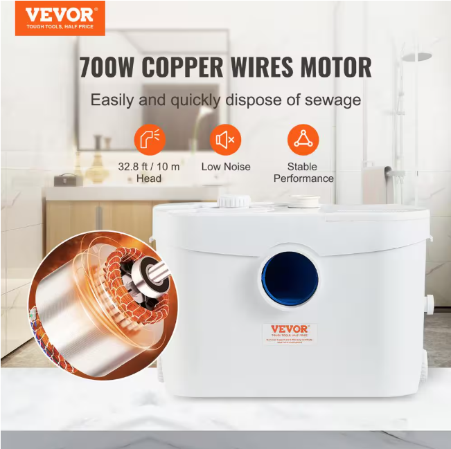 VEVOR Macerator Pump 1HP 700W 9600 L/H Flow 32.8 FT. Sewerage Sump Pump with 3 Inlets for Waste Water Disposal Upflush Machine