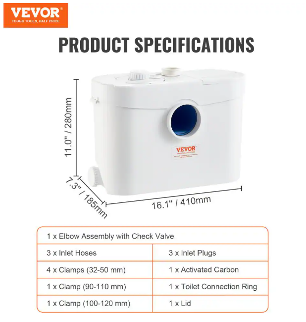 VEVOR Macerator Pump 1HP 700W 9600 L/H Flow 32.8 FT. Sewerage Sump Pump with 3 Inlets for Waste Water Disposal Upflush Machine