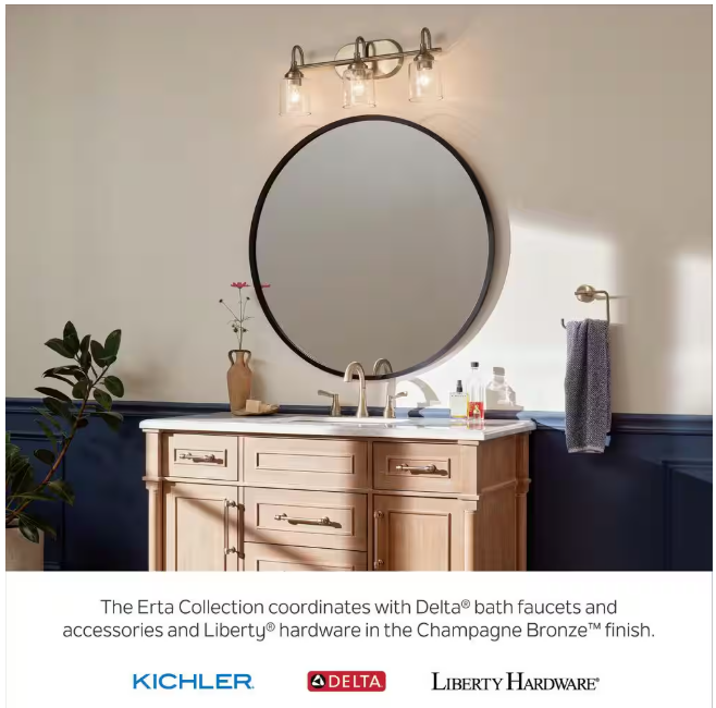 KICHLER Erta 24 in. 3-Light Champagne Bronze Bathroom Vanity Light with Clear Glass Shades