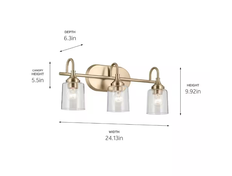 KICHLER Erta 24 in. 3-Light Champagne Bronze Bathroom Vanity Light with Clear Glass Shades