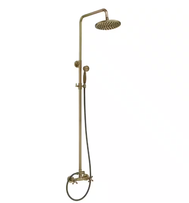 BWE 2-Spray Outdoor Wall Bar Shower Kit 8 in. Round Rain Shower Head with Hand Shower and 2 Cross Knobs in Antique Brass