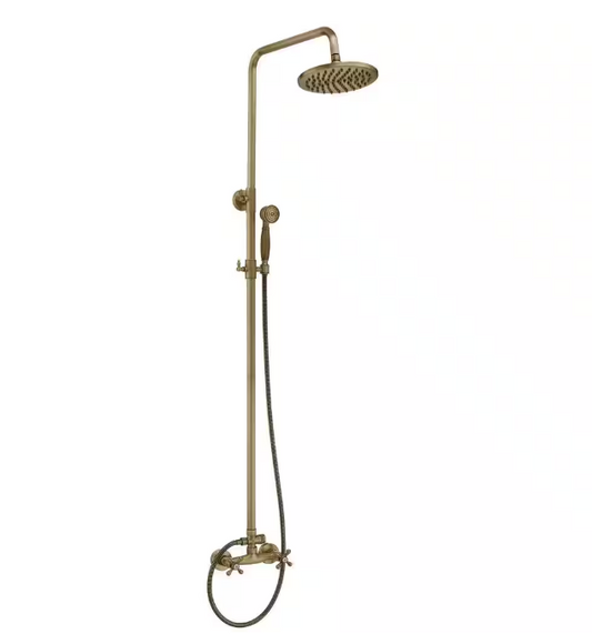 BWE 2-Spray Outdoor Wall Bar Shower Kit 8 in. Round Rain Shower Head with Hand Shower and 2 Cross Knobs in Antique Brass
