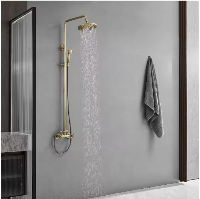 BWE 2-Spray Outdoor Wall Bar Shower Kit 8 in. Round Rain Shower Head with Hand Shower and 2 Cross Knobs in Antique Brass
