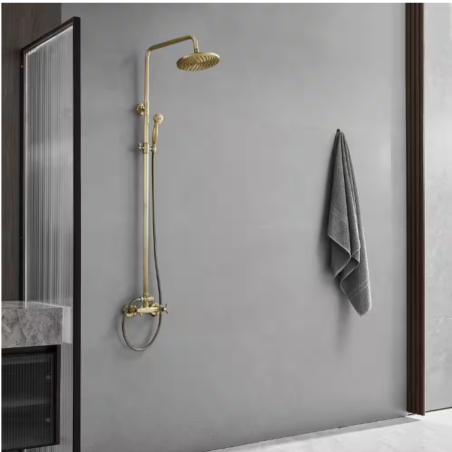 BWE 2-Spray Outdoor Wall Bar Shower Kit 8 in. Round Rain Shower Head with Hand Shower and 2 Cross Knobs in Antique Brass