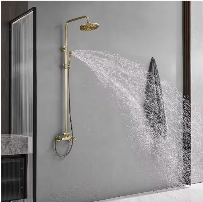 BWE 2-Spray Outdoor Wall Bar Shower Kit 8 in. Round Rain Shower Head with Hand Shower and 2 Cross Knobs in Antique Brass