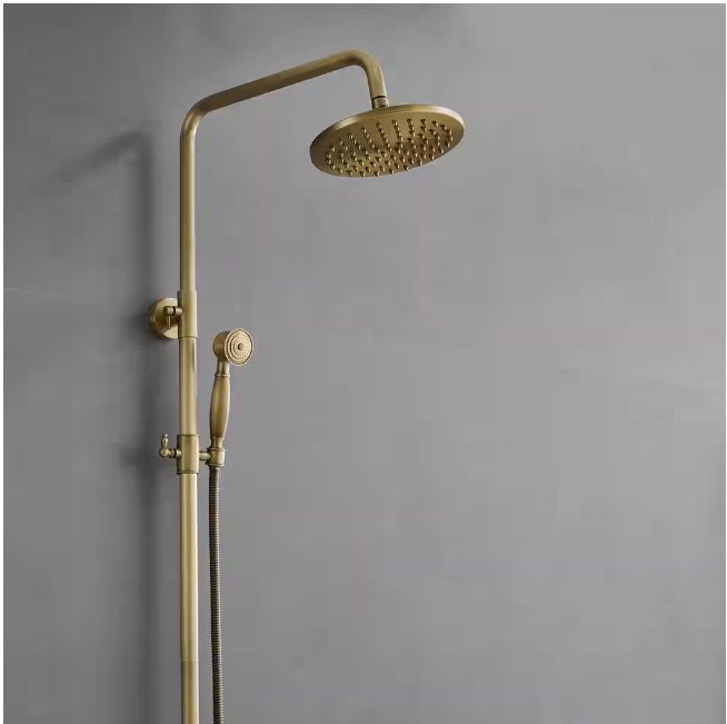BWE 2-Spray Outdoor Wall Bar Shower Kit 8 in. Round Rain Shower Head with Hand Shower and 2 Cross Knobs in Antique Brass