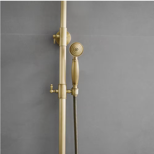 BWE 2-Spray Outdoor Wall Bar Shower Kit 8 in. Round Rain Shower Head with Hand Shower and 2 Cross Knobs in Antique Brass