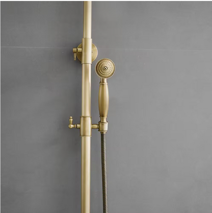 BWE 2-Spray Outdoor Wall Bar Shower Kit 8 in. Round Rain Shower Head with Hand Shower and 2 Cross Knobs in Antique Brass