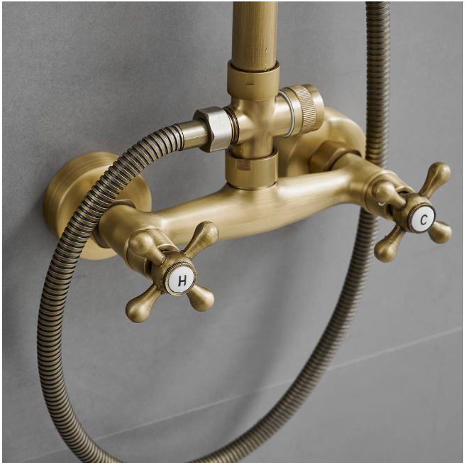 BWE 2-Spray Outdoor Wall Bar Shower Kit 8 in. Round Rain Shower Head with Hand Shower and 2 Cross Knobs in Antique Brass