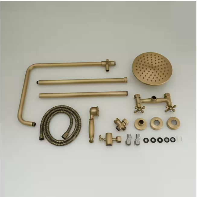 BWE 2-Spray Outdoor Wall Bar Shower Kit 8 in. Round Rain Shower Head with Hand Shower and 2 Cross Knobs in Antique Brass