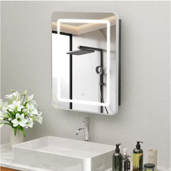HOMEIBRO 16 in. W x 24 in. H Bright Rectangular Silver Wall Mount LED Lighted Medicine Cabinet with Mirror