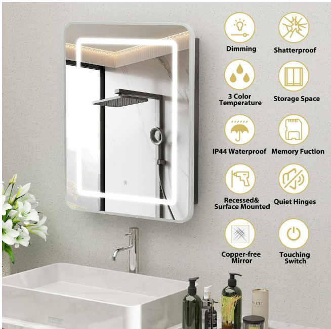 HOMEIBRO 16 in. W x 24 in. H Bright Rectangular Silver Wall Mount LED Lighted Medicine Cabinet with Mirror