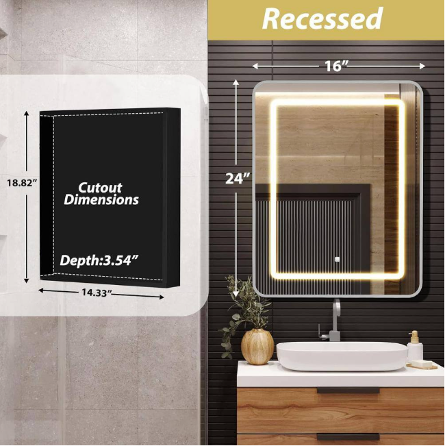 HOMEIBRO 16 in. W x 24 in. H Bright Rectangular Silver Wall Mount LED Lighted Medicine Cabinet with Mirror