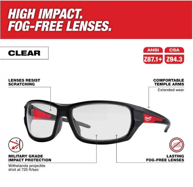 Milwaukee Performance Safety Glasses with Clear Fog-Free Lenses